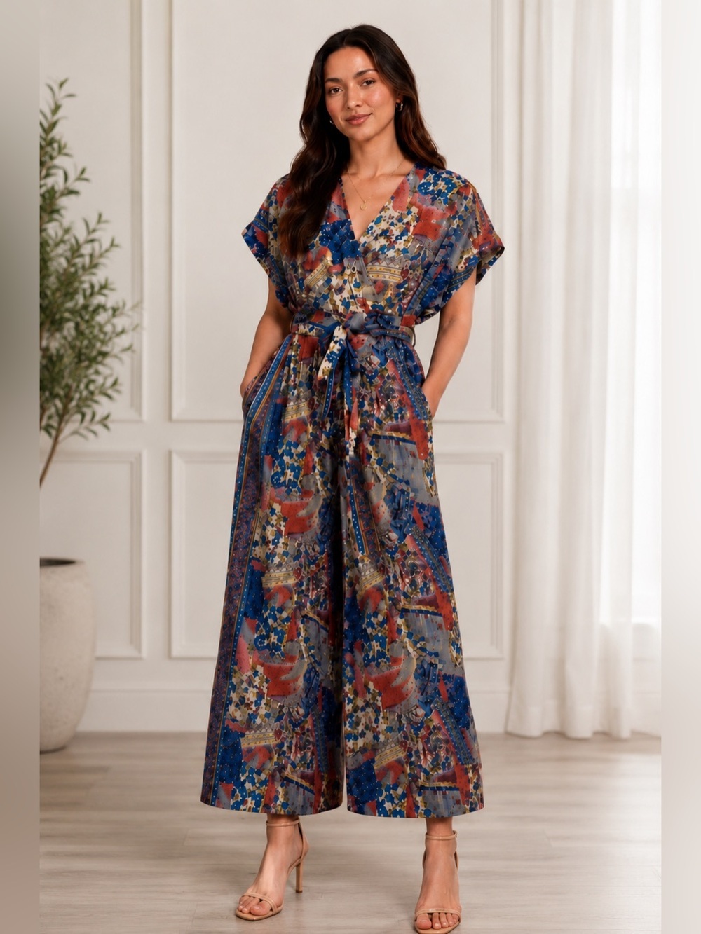 Tie-Waist Printed Wide-Leg Jumpsuit in Multi Color